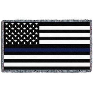 Departamento de Policía - Línea Azul - Bandera Americana - para la parte posterior del sofá o sofá - Cotton Woven Blanket Throw - Made in The USA (61x36)