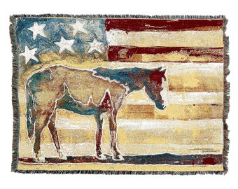 Horse Red White Blue - Michael Swearngin - Cotton Woven Blanket Throw - Made in The USA (72x54)