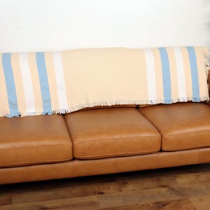 May include: A tan, blue, and white striped throw blanket with fringe is draped over the back of a brown leather sofa. The sofa has three cushions and wooden legs. The background is a plain white wall.
