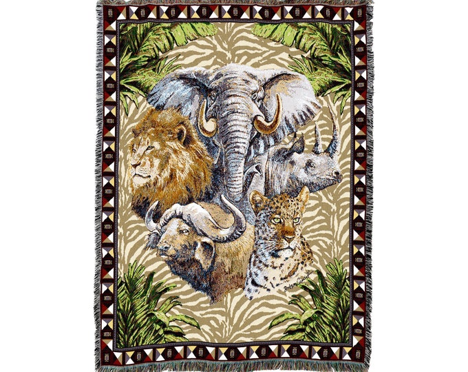 Big Five Safari - Katie Dobson Cundiff - Cotton Woven Blanket Throw - Made in The USA (72x54)