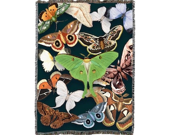 Emerald Moths Tapestry Throw Woven Blanket 100% Cotton Made in USA 72x54