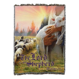 The Lord is My Shepherd - Scriptures - Psalm 23 - Jesus with Lamb - Sympathy - Cotton Woven Blanket Throw - Made in The USA (72x54)