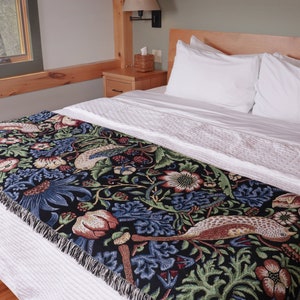 Strawberry Thief - Indigo - Arts and Crafts - William Morris - Blanket Throw Woven from Cotton - Made in The USA (72x54)