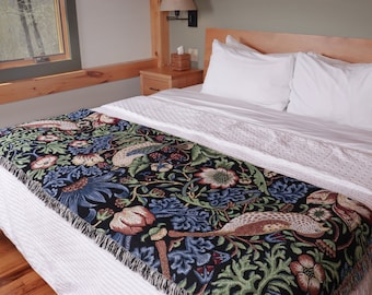 Strawberry Thief - Indigo - Arts and Crafts - William Morris - Blanket Throw Woven from Cotton - Made in The USA (72x54)