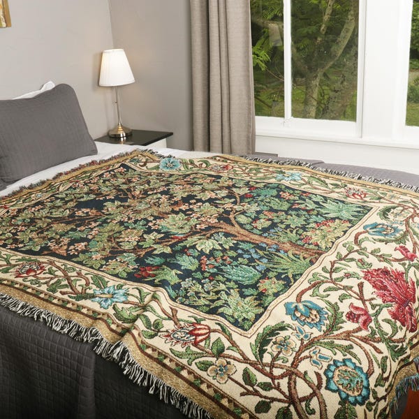 Árbol de la vida - Artes y manualidades - William Morris - Manta tejida de algodón - Fabricada en EE. UU.