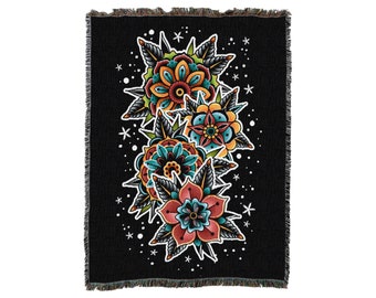 Tattoo Flowers - Cotton Woven Blanket Throw - Made in The USA (72x54)