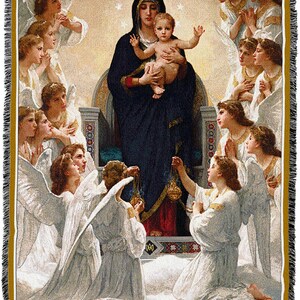 May include: A tapestry depicting the Madonna and Child surrounded by angels. The Madonna is wearing a blue robe and holding the Christ child. The angels are dressed in white robes and have wings. The tapestry is framed in gold.