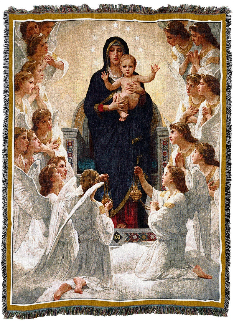 May include: A tapestry depicting the Madonna and Child surrounded by angels. The Madonna is wearing a blue robe and holding the Christ child. The angels are dressed in white robes and have wings. The tapestry is framed in gold.