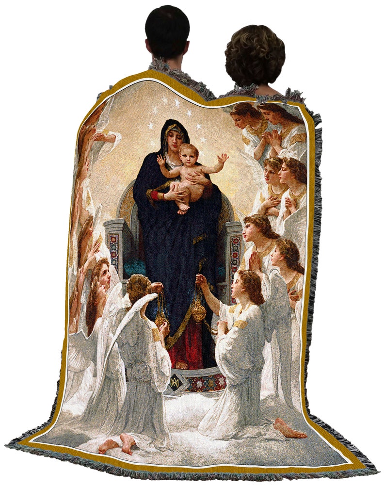 May include: A tapestry throw blanket featuring a depiction of the Virgin Mary and baby Jesus surrounded by angels. The tapestry is woven with intricate details and vibrant colors, including gold, blue, and white.