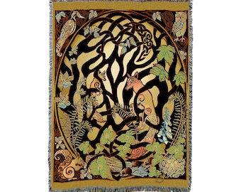 Renard des bois et animaux de la forêt - Celtique - Jen Delyth - Jeté de couverture en coton tissé - Fabriqué aux États-Unis (72 x 54)