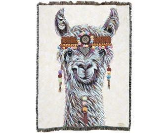 Llama Hippie - Carolee Vitaletti - Cotton Woven Blanket Throw - Made in The USA (72x54)