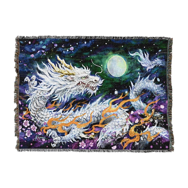 White Dragon And The Moon - Kayomi Harai - Cotton Woven Blanket Throw - Made in The USA (72x54)