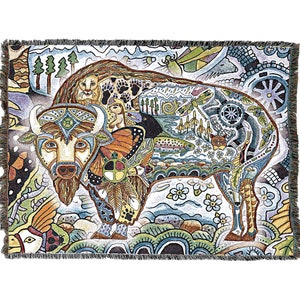 Bison Woven Tapestry Blanket, Native American Inspired, Pacific Northwest Totem Throw by Sue Coccia 100% Cotton Made in USA 72x54 image 1