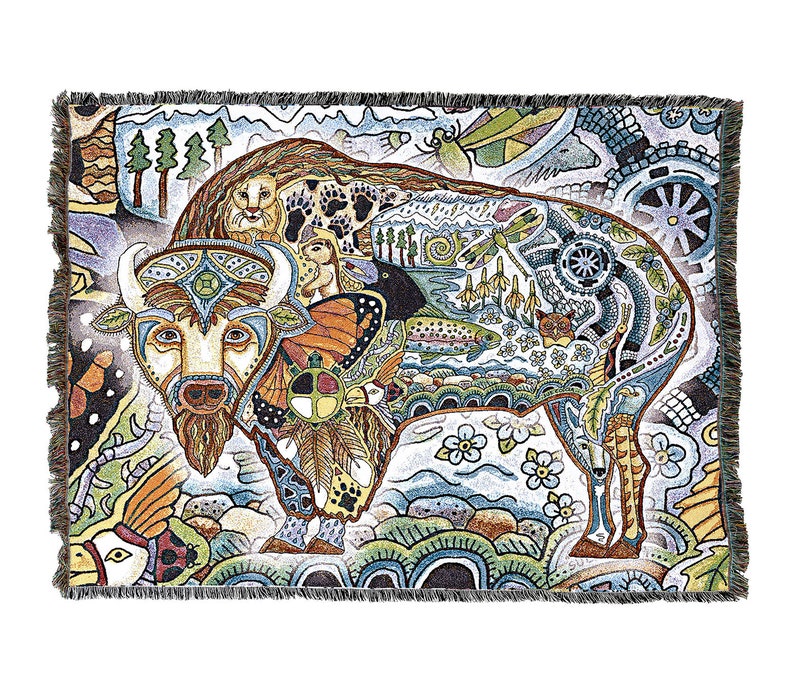 Bison Woven Tapestry Blanket, Native American Inspired, Pacific Northwest Totem Throw by Sue Coccia 100% Cotton Made in USA 72x54 image 1