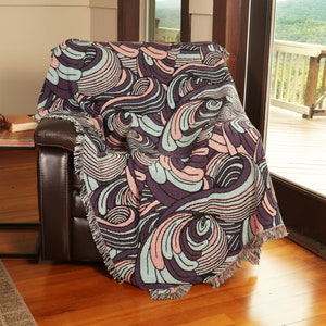 Serene Waves of Sherbet Woven Throw Tapestry Blanket, Abstract Inspired Pattern, Beach Throw 100% Cotton Made in USA 72x54