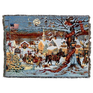 Small Town Christmas - Charles Wysocki - Cotton Woven Blanket Throw - Made in The USA (72x54)