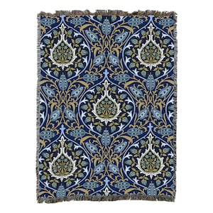 Rosebud - Sapphire - Arts and Crafts - William Morris - Cotton Woven Blanket Throw - Made in The USA