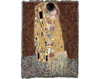 The Kiss - Gustav Klimt - Cotton Woven Blanket Throw - Made in The USA (72x54)