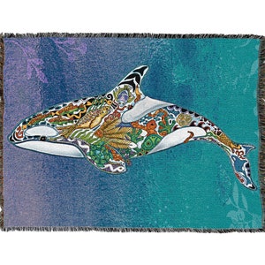 Granny Orca - Whale- Animal Spirits Totem - Sue Coccia - Cotton Woven Blanket Throw - Made in The USA (72x54)