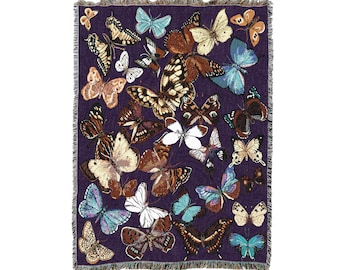 Colorful Butterflies Tapestry Throw, Woven Blanket 100% Cotton Made in USA 72x54
