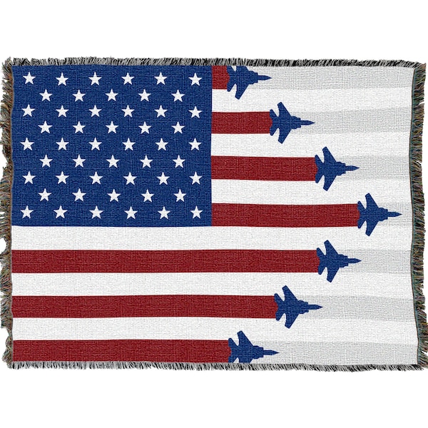 US Air Force - Fighter Jets American Flag - Cotton Woven Blanket Throw - Made in The USA