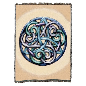 May include: A woven tapestry featuring a circular Celtic knot design in shades of blue, green, and purple on a beige background.
