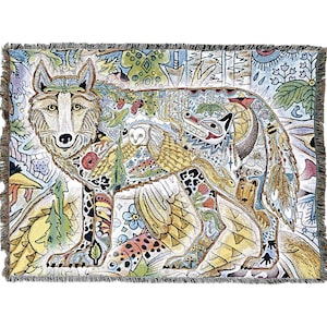 May include: A colorful tapestry featuring a wolf with intricate details. The wolf is surrounded by various animals, plants, and geometric patterns. The tapestry is woven with a variety of colors, including blue, green, yellow, and red.