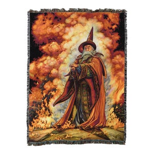 May include: A tapestry featuring a wizard with a long white beard and a pointed hat, standing on a platform surrounded by flames. The background is a fiery orange and yellow sky with clouds.