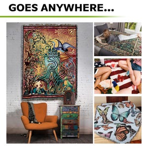 May include: A tapestry with a colorful, intricate design featuring a tree, a bird, and other nature-inspired elements. The tapestry is shown in three different settings: on a wall, on a bed, and on the ground. The text "GOES ANYWHERE..." is displayed at the top of the image.