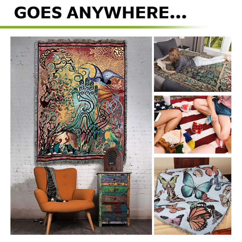 May include: A tapestry with a colorful, intricate design featuring a tree, a bird, and other nature-inspired elements. The tapestry is shown in three different settings: on a wall, on a bed, and on the ground. The text "GOES ANYWHERE..." is displayed at the top of the image.