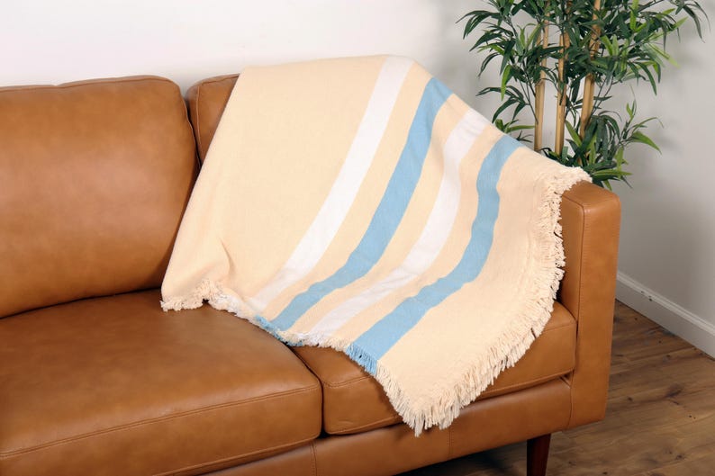 May include: A cream-colored round blanket with blue and white stripes draped over a brown leather couch. The blanket has a fringed edge. The couch is in a well-lit room with a plant in the background.