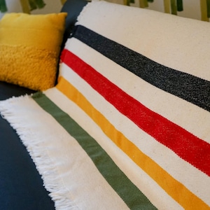 Pisgah Stripe Woven Throw - Creme blanket with Black, Red, Yellow, & Green Stripes - Pisgah National Forest USA (73x48)