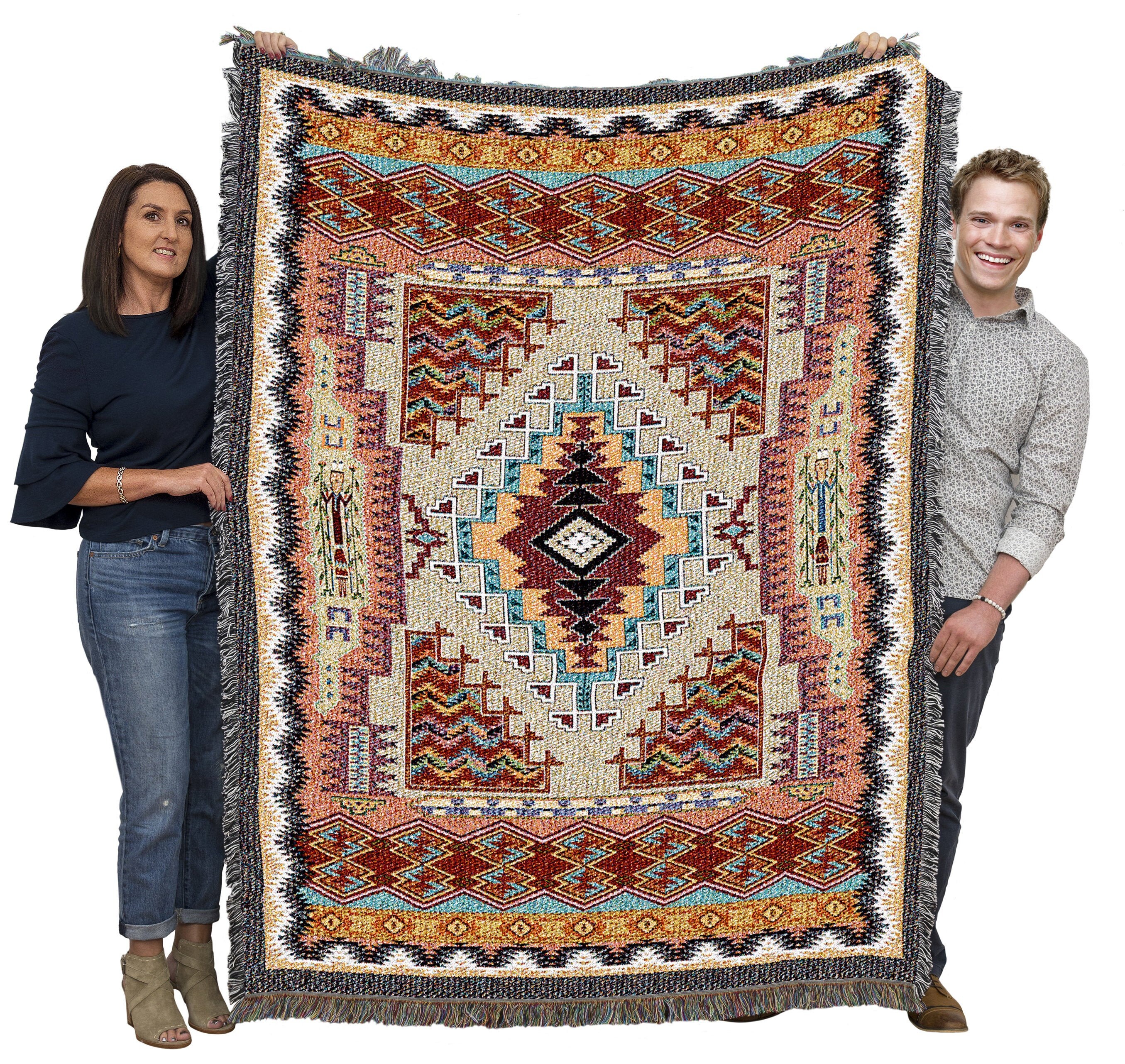 Salmon Southwest Woven Tapestry Blanket, Native American Inspired ...