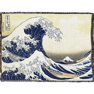 Coperta in tessuto arazzo The Great Wave of Kanagawa, grande, morbida e confortevole, motivo artistico strutturato, 100% cotone, realizzata negli USA, 72x54