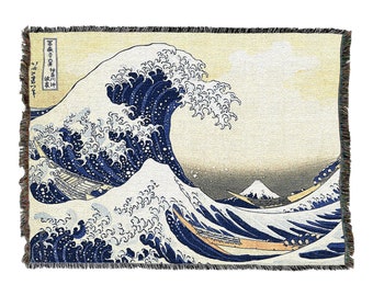 The Great Wave of Kanagawa Woven Tapestry Throw Blanket, Large Soft Comforting, Artistic Textured Design 100% Cotton Made in USA 72x54