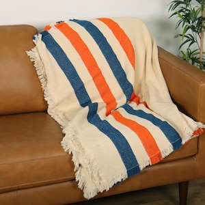 May include: A cream-colored throw blanket with bold orange and blue stripes is draped over a brown leather sofa. The blanket has fringed edges. A houseplant is in the background.