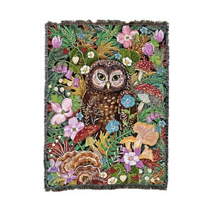 Owl in The Woods Floral and Mushroom - Olga Akbarova - Cotton Woven Blanket Throw - Made in The USA (72x54)