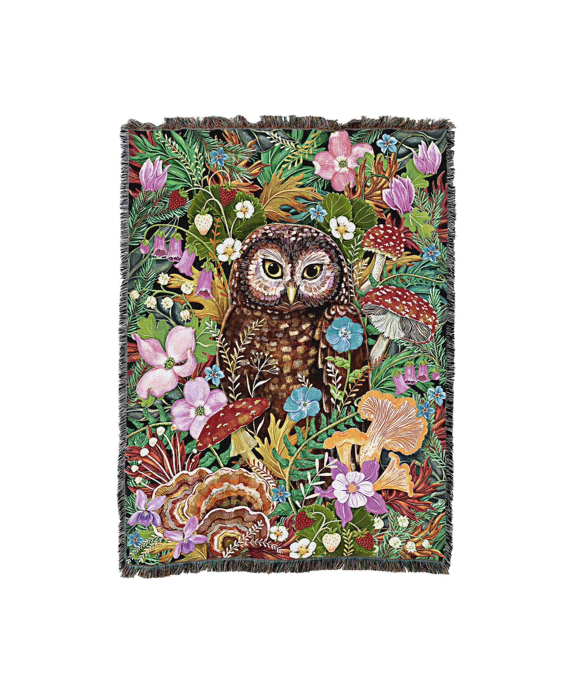 Owl in The Woods Floral and Mushroom - Olga Akbarova - Cotton Woven Blanket Throw - Made in The USA 