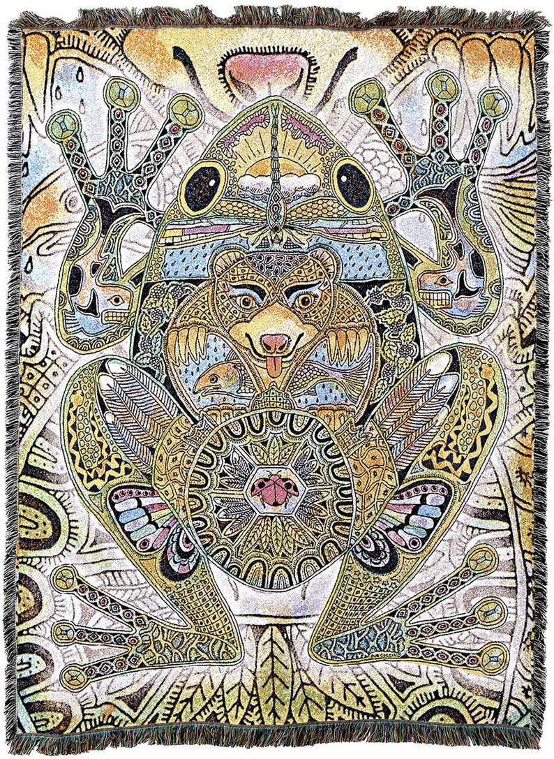 Green Frog Woven Tapestry Blanket, Native American Inspired, Pacific Northwest Totem Throw by Sue Coccia 100% Cotton Made in USA 72x54