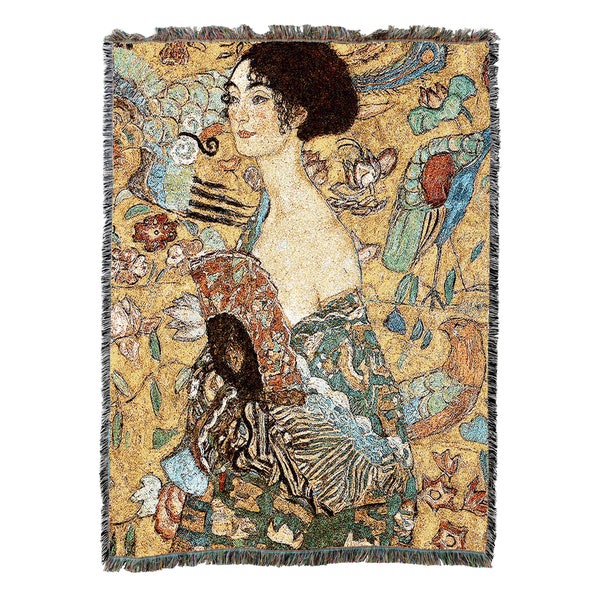 Lady With Fan Woven Tapestry Throw Blanket by Gustav Klimt, Large Soft Comforting, Artistic Textured Design 100% Cotton Made in USA 72x54