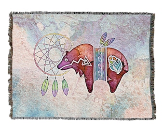 Painted Bear - Laurie Prindle - Cotton Woven Blanket Throw - Made in The USA (72x54)