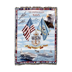 May include: A woven tapestry throw blanket featuring a navy blue background with a large anchor, the words "United States Navy", and the words "Pride, United States Navy, Serve" in a banner. The blanket also features a bald eagle, two American flags, two Navy flags, and two navy ships.