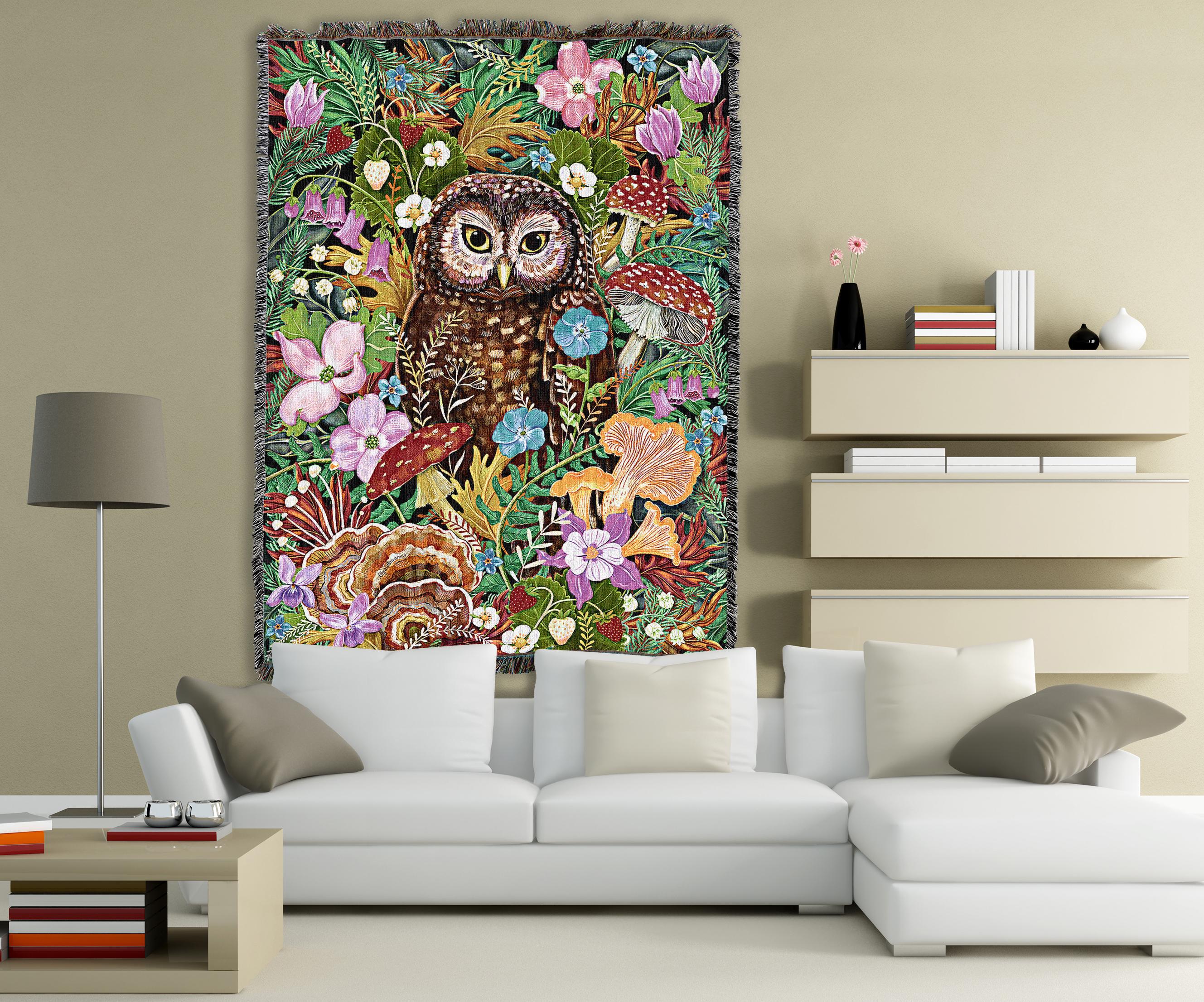 Owl in The Woods Floral and Mushroom - Olga Akbarova - Cotton Woven Blanket Throw - Made in The USA 