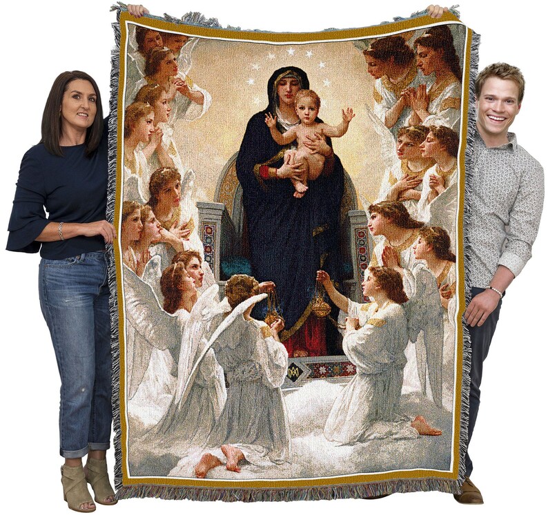 May include: A tapestry throw blanket featuring a depiction of the Virgin Mary holding baby Jesus, surrounded by angels. The Virgin Mary is wearing a blue robe and a crown of stars. The angels are dressed in white robes and have wings.