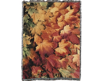 Autumn Fall Leaves - Cotton Woven Blanket Throw - Made in The USA (72x54)