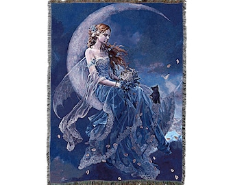 Wind Moon Fairy Woven Tapestry Throw Blanket, Large Soft Comforting, Artistic Textured Design 100% Cotton Made in USA 72x54