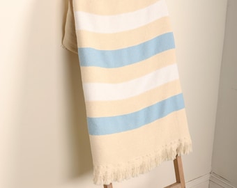 UNC Stripe Woven Throw - Creme blanket with White & Blue Stripes - 100% Cotton Made in the USA (73x48)