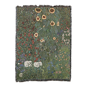 Farm Garden with Sunflowers by Gustav Klimt Blanket Throw, Woven from Cotton - Made in The USA (72x54)