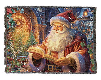 May include: Santa Claus stands in front of a glowing window, holding a book in his gloved hands. He is wearing a red suit with white trim and a white beard. Snowflakes fall around him.