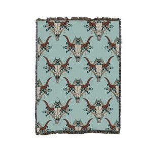 Western Skulls Fiesta  Cotton Woven Blanket Throw - Made in The USA (72x54)